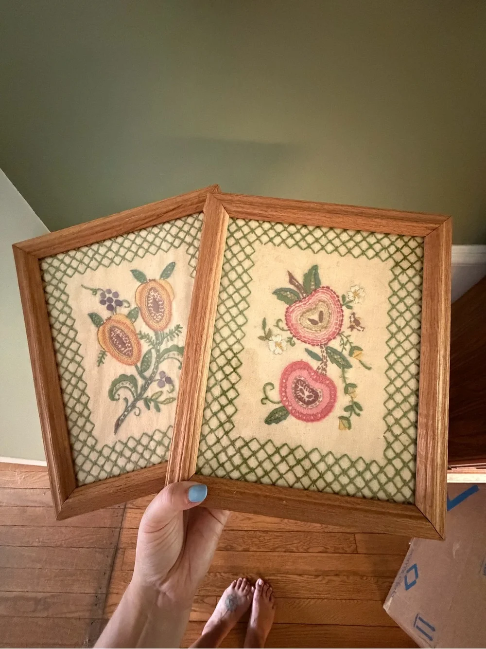 Handcrafted Floral Needlepoint Wall Art Pair - Oak Frames, Green and Pink